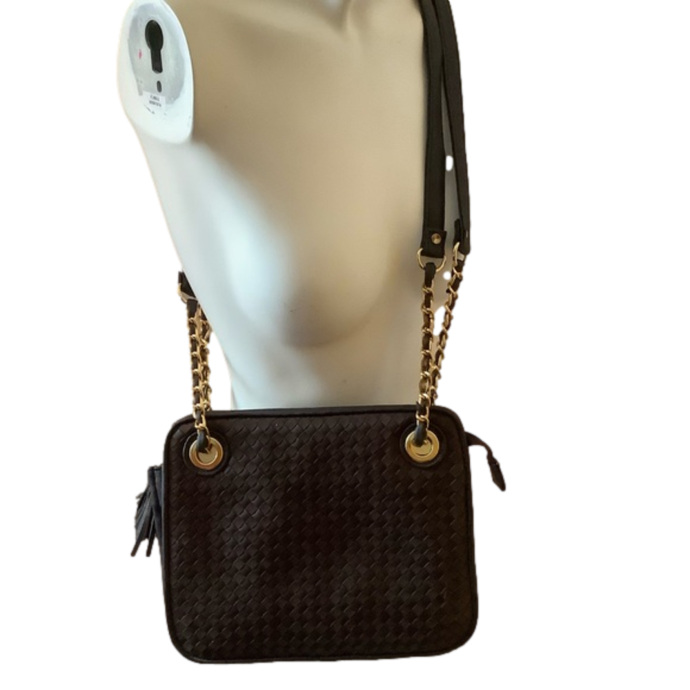 Brown cross body bag with tassel and gold chain shoulder seatbelt bag purse